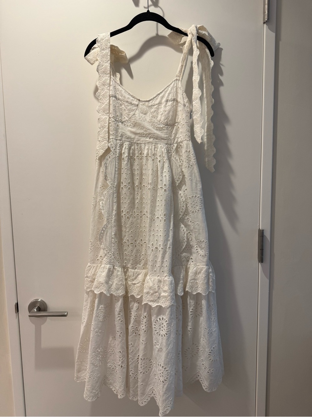 LoveShackFancy White Eyelet Tie-Shoulder Maxi Dress